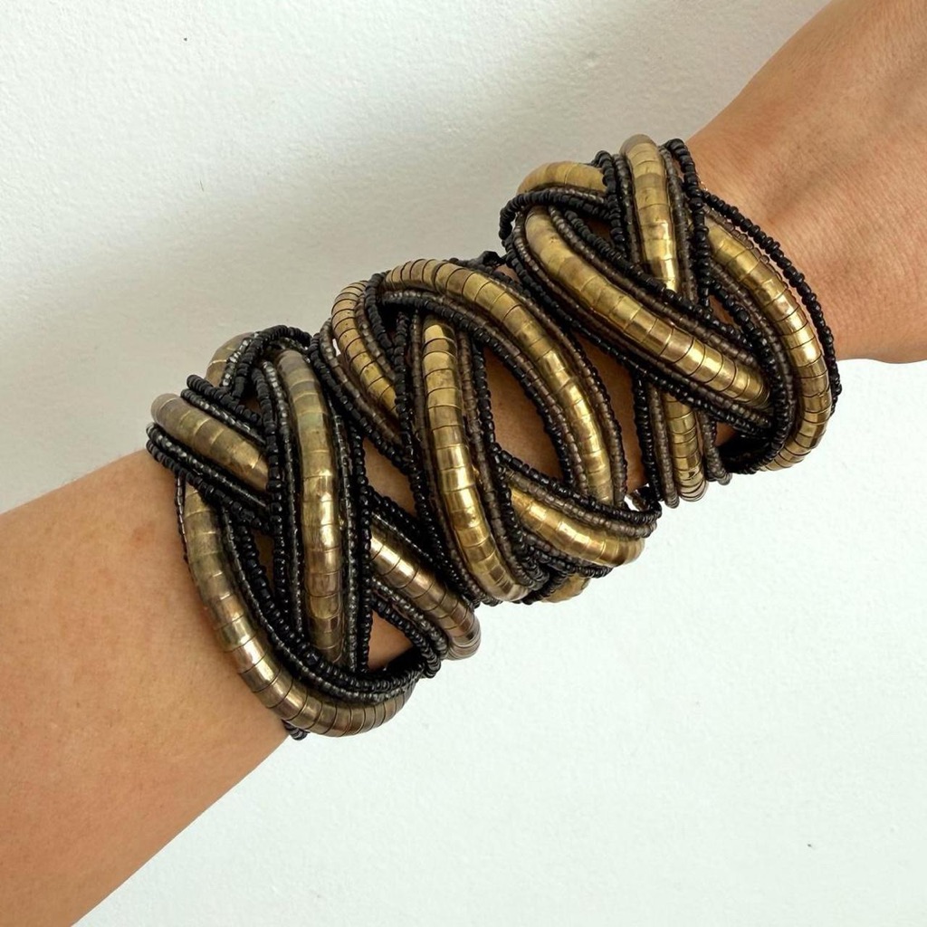 Set Of 3 Black & Gold Twisted Boho Beaded Bracelets